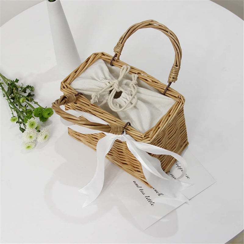 QTMY Bow Rattan Woven Bag Straw Bags Top Handle Wicker Baskets Handbags Boho Style Beach Bag Flower Basket - Image 5
